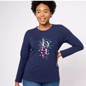 Denim & Co Perfect Jersey Printed Front Top Navy Everyday Pullover Size 3X NWOT